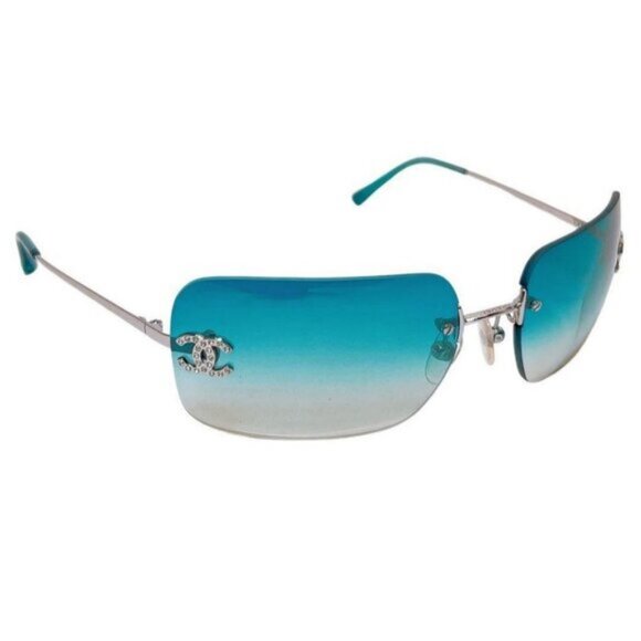 RARE Chanel Vintage Sunglasses Rhinestone Crystal CC Logo Rimless Gradient Blue - Picture 1 of 11